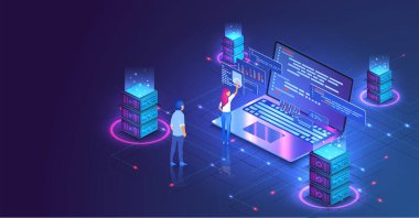 Web sunuculuğu veya programlama konsepti. Web programlama geliştirme, Ui Ux arayüzlü dizüstü bilgisayar. Bilgisayar ağı veri merkezi sunucusu izometrik iniş vektörü sayfası. Vektör