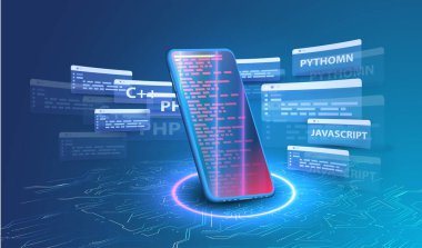 Yazılım geliştirme, programlama, kodlama vektör kavramı. Teknoloji konsepti. Web afişi programlanıyor. İzometrik vektör çizimi. İniş sayfası kavramı. Yazılım Teknolojisi