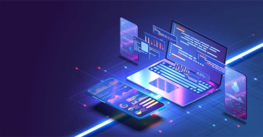İş grafiği ve izometrik cep telefonunun analitik verileri ile akıllı telefon uygulaması. Analiz eğilimleri ve yazılım geliştirme kodlama süreci kavramı. Programlama, çapraz platform testi
