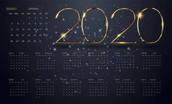 2020 Ano Novo fundo preto. Texto dourado. Projeto de calendário em cores preto e branco. Flocos de neve realistas a cair. Vector il — Vetor de Stock