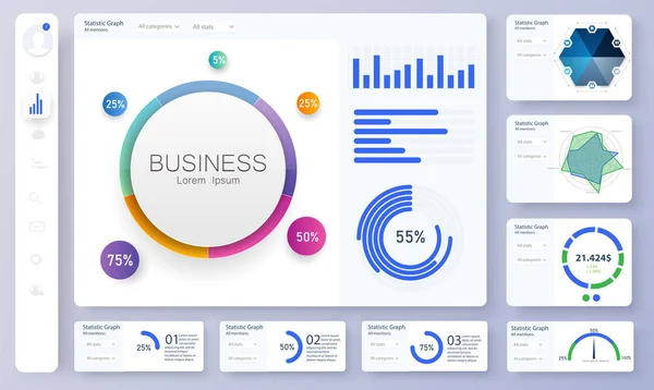 Deska rozdzielcza, świetny design do każdego celu. Pouczające i proste deska rozdzielcza. Kolorowy szablon infografiki dla biznesu i innych projektów. Interfejs panelu administracyjnego z wykresami kolorów. Wektor Ui — Wektor stockowy