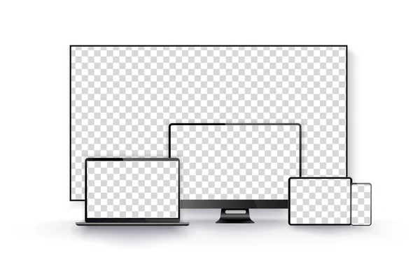 Écran de télévision noir réaliste sur fond isolé. Ensemble réaliste de moniteur, ordinateur portable, tablette, smartphone couleur gris foncé. Modèle pour infographie ou interface de conception d'interface utilisateur de présentation. Vecteur — Image vectorielle