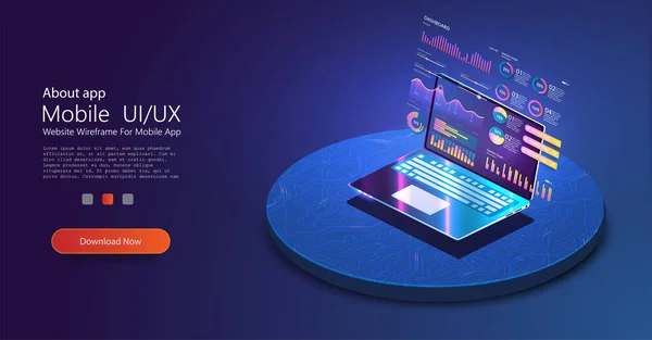 Application de l'ordinateur portable avec le graphique d'affaires et les données d'analyse. Statistiques d'entreprises graphiques, diagrammes concept vectoriel. Modèle de bannière d'analyse financière. Diagramme de données analytiques, graphique. Interface mobile — Image vectorielle