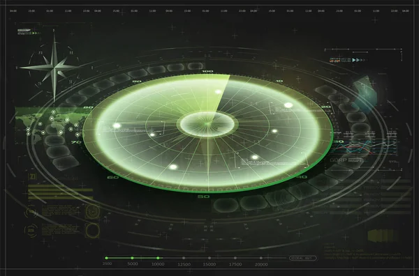 Pantalla de radar futurista, objetivo de búsqueda. Búsqueda aérea. Sistema de búsqueda militar. Fondo de pantalla de interfaz de navegación. Centro de Control HUD, vista del terreno desde satélite con interfaz digital futurista . — Vector de stock