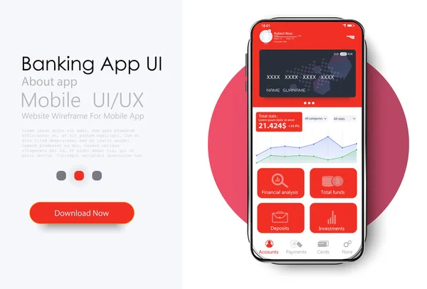 Çevrimiçi Bankacılık Mobil Uygulamaları Ui, Ux, Gui cüzdan, alışveriş, hesap transferim, fatura ödemem, ürün detayları. Uygulama arayüzü için kavramsal cep telefonu ekran modeli — Stok Vektör