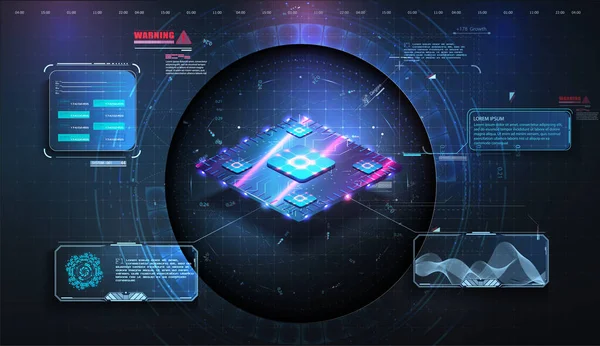 Microchip close-up em fundo tecnológico futurista. Análise e digitalização do chip. Central Computer Processors CPU concept.Digital chip. Computador quântico, grande processamento de dados , — Vetor de Stock