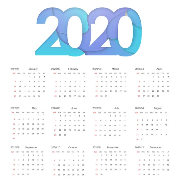 2020年快乐新年日历设计。2020年新年快乐为您的季节性假日传单安装纸制彩色横幅。B.病媒 — 图库矢量图片