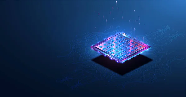 Abstract tech web site.Trendy HUD sfondo, colorato. Design futuristico di un chip di intelligenza artificiale con elementi tecnologici. Processore di microchip futuristico con luci sullo sfondo blu. — Vettoriale Stock