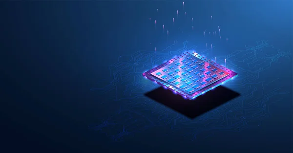 Resumen del sitio web de tecnología. Fondo HUD de moda, colorido. Diseño futurista de un chip de inteligencia artificial con elementos tecnológicos. Procesador de microchip futurista con luces en el fondo azul.Vector — Vector de stock