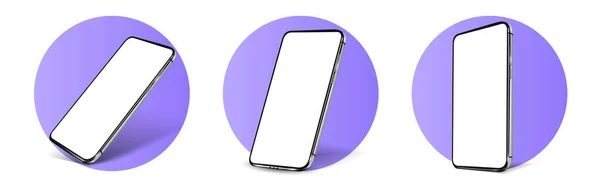 Smartphone frameless blank scherm mockup template perspectief weergave.Realistische smartphone mockup. Mobiele telefoon in verschillende gezichtshoeken. Violet, Blauwe smartphone template. 3d Vector — Stockvector