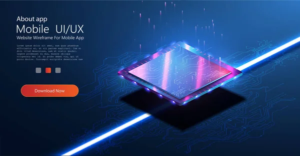 Processador de microchip futurista com luzes no fundo azul. Computador quântico, processamento de dados grande, conceito de banco de dados. Banner isométrico CPU. Controle de Processadores de computador conceito CPU. Vetor — Vetor de Stock