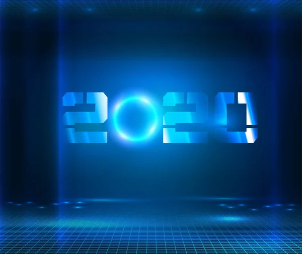 Karanlık fütürist bilim kurgu salonu. Işıkları ve daire şeklinde neon ışığı olan büyük salon. 2020 numara ya da rakamlar asılıyor. Dijital bilgisayar teknolojisi kavramsal tatil afişi. Siber Yeni Yıl 2020. — Stok Vektör