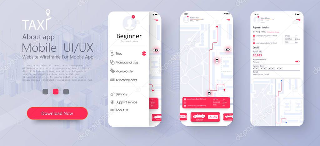 Taxi service app on mobile phone. Different UI, UX, GUI screens Taxi app and flat web icons for mobile apps. Concept of location service. Dashboard theme, creative infographic of city map