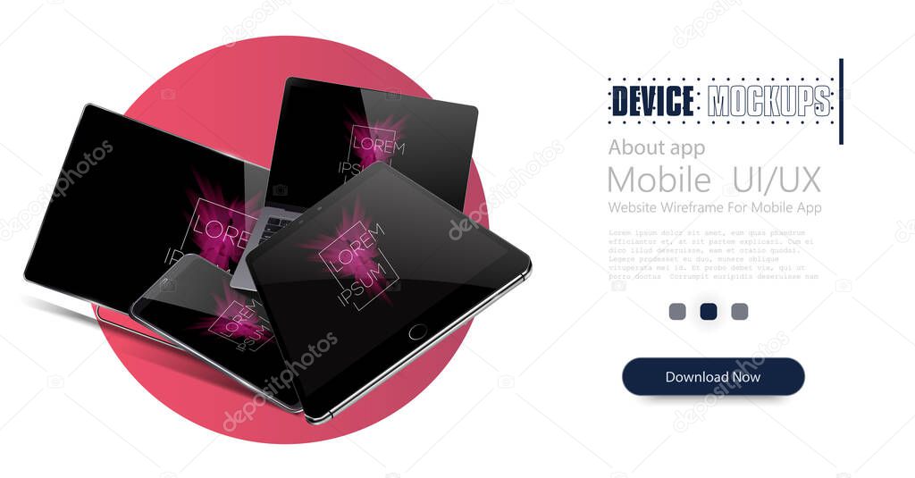 Vector minimalistic 3d isometric illustration set device. Smartphone, laptop, tablet, tv perspective view. Side and top view. Mock up generic device. Template for infographics or