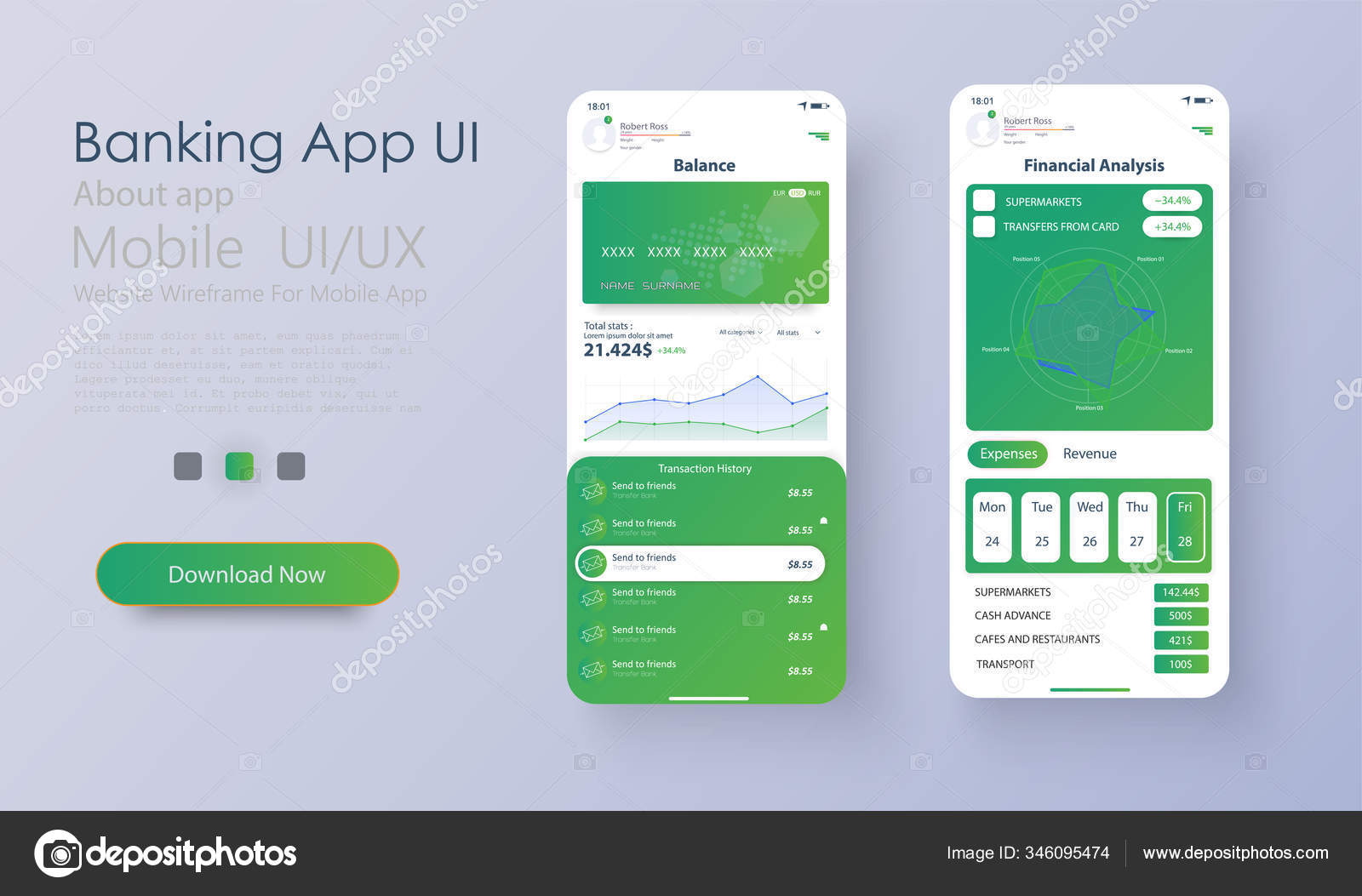 Banca en línea Aplicaciones Móviles UI, UX, GUI conjunto con