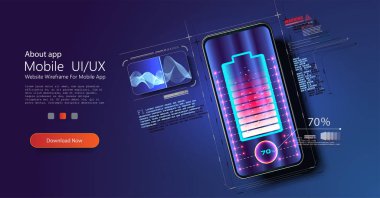 Fütürist telefon, mavi arka planda kablosuz olarak şarj edilir. Kablosuz şarj. Akıllı telefon pilinin kablosuz şarjı. Gelecek konsepti. Telefonun bataryasını şarj etme işlemi. Vektör