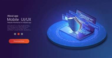 İzometrik internet güvenlik kavramı. Dizüstü bilgisayarı, 3 boyutlu ekranı ve kalkanı olan veri koruma vektörü çizimi. Gdpr konsepti. Yazılım, web geliştirme, program kodu ekran dizüstü programlama. Vektör