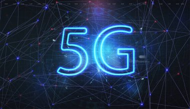 5G veri akışı yüksek hızlı internet telekomünikasyonu. Kablosuz iletişimle soyut küresel
