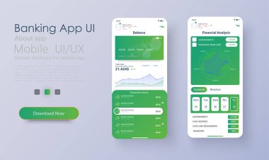 Çevrimiçi Bankacılık Mobil Uygulamaları Ui, Ux, Gui cüzdan, alışveriş, hesap transferim, fatura ödemem, ürün detayları. Mobil bankacılık arayüzü vektör şablonu. Çevrimiçi ödeme. E-ödeme