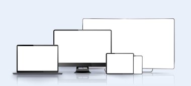 Vektör minimalistik 3d izometrik çizim aygıtı. Akıllı telefon, dizüstü bilgisayar, tablet, televizyon bakış açısı. Yandan ve üstten. Jenerik bir cihaz yap. Bilgi grafikleri sunumu için şablon