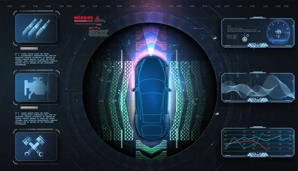 Hud 、 Ui 、 Guiのホログラム車のスタイル。ハードウェア診断。未来的な自動車サービス、スキャンおよび自動データ分析。自動車サービス、現代的なデザイン、ダグノスティックオート。 — ストックベクタ