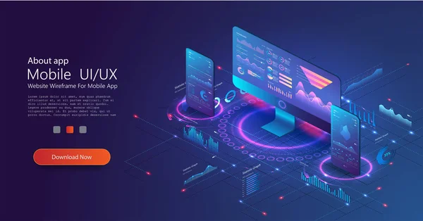 Application de PC et smartphone avec graphique d'affaires et données analytiques. Statistiques d'entreprises graphiques, diagrammes concept vectoriel. Modèle de bannière d'analyse financière. Diagramme de données analytiques, graphique . — Image vectorielle