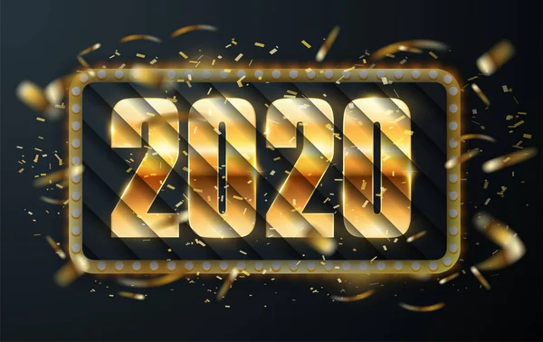 Παραμονή Πρωτοχρονιάς 2020. Ευτυχισμένο το νέο έτος 2020 πρότυπο σχεδιασμού ευχετήριων καρτών χειμερινών διακοπών. αφίσα κόμμα, λάβαρο ή πρόσκληση χρυσά λαμπερά αστέρια που πέφτουν νιφάδες χιονιού glitter διακόσμηση. Χριστούγεννα, — Διανυσματικό Αρχείο