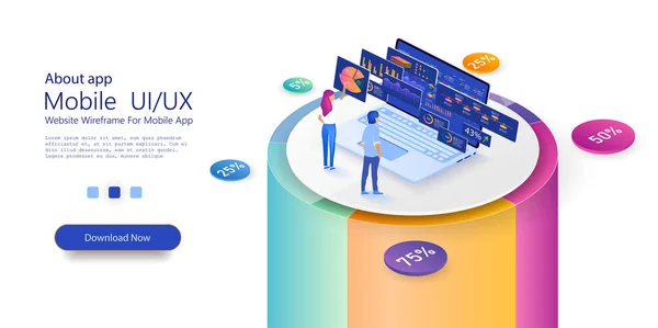 Les membres de l'équipe analysent les diorams et les graphiques. Construire un graphique et des graphiques. Concept de l'idée d'analyse de données innovante. Modèle de page. Illustration isométrique 3d — Image vectorielle