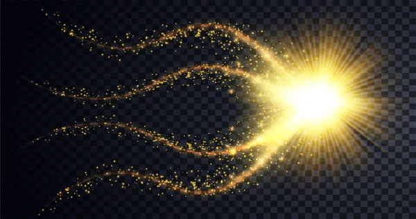 Goldene Teilchen winken. Funkelnder Sternenstaub. n Vector Glitzerwirbel mit glänzendem Weihnachtskonfetti auf edlem, luxuriösem schwarzem Hintergrund. Glühende Linien. Vektor — Stockvektor