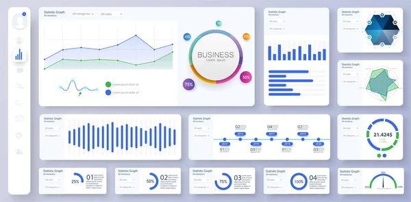 Dashboard, μεγάλη σχεδίαση για οποιοδήποτε σκοπό της ιστοσελίδας. Επιχειρηματικό πρότυπο infographic. Διανυσματική επίπεδη απεικόνιση. Big data concept Σχεδιασμός προτύπου πίνακα διαχειριστή ταμπλό. Διαχειριστής αναλυτών — Διανυσματικό Αρχείο