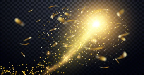 Gouden deeltjes golf. Sparkle sterrenstof. Vector glitterachtige draai met glanzende kerst confetti. Kerst achtergrond met gouden magische ster met bokeh effecten. Vector — Stockvector