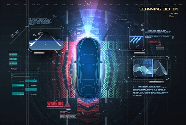 Sistema de frenado automático evitar accidente de coche de accidente de coche. Concepto para sistemas de asistencia al conductor. Coche autónomo. Coche sin conductor. Vehículo autónomo. Conceptos futuros auto inteligente. HUD, GUI, holograma — Vector de stock