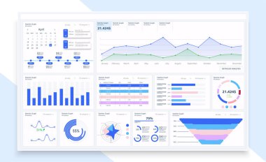 Yönetim paneli Ui, Ux, Gui herhangi bir site için harika tasarım. Ticari bilgi şablonu. Kullanıcı yönetim paneli şablon tasarımını kavra. Düz tasarım grafikleri ve grafikleri olan modern analizler. Vektör