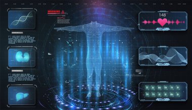 Hud, Ui, Ux, Gui gibi tıbbi muayeneler. Tıbbi Sağlık Hizmetleri İnsan Sanal Vücut Hi Tech Teşhis Paneli.