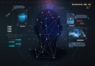 Biyometrik Kimlik Tanıma veya Tanıma Sistemi. Yüz tanımlama. Parmak izi, ses taraması. Fütürist tarzda, dijital arayüzle. Vektör illüstrasyonu