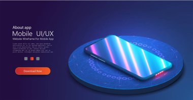 Perdede neon yansıması olan hayali bir telefonun 3 boyutlu gerçekçi şablonu. Podyumdaki akıllı telefonun perspektif görüntüsü. Cihazın yerleşimi. Arayüz tasarımının sunumu