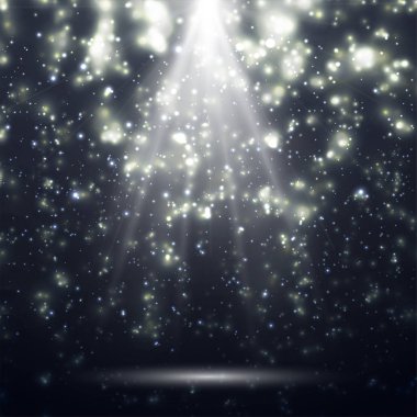 Beyaz spot ışıkları. Hafif Efektler. Gerçekçi düşen kar taneleri. Parlak beyaz ışıklar ve parıltılar. Parlak ışık huzmeleri. Parlak çizgiler. Vektör