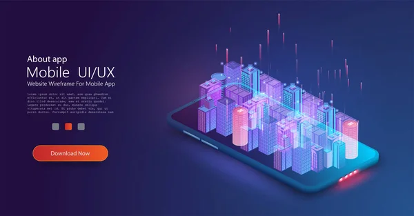 Akıllı şehirler kavramı, akıllı telefon ekranındaki hologram. Akıllı şehir ya da akıllı bina izometrik vektör konsepti. Bilgisayar ağı illüstrasyonuyla otomasyon oluşturuluyor — Stok Vektör