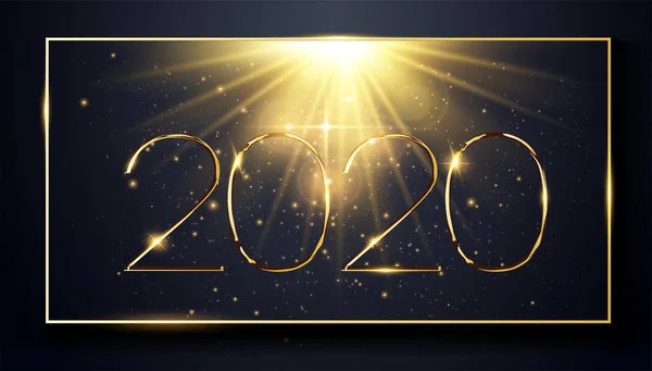 Nye New Year Eve 2020.新年快乐2020年冬季贺卡设计模板.党的海报、旗帜或邀请函上闪烁着金光闪闪的星星飘落在雪片上，闪闪发光。圣诞礼物, — 图库矢量图片
