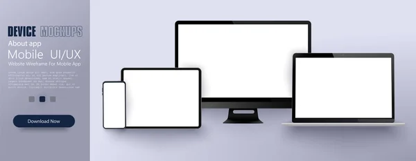 Conjunto realista de maquetas de dispositivos modernos con pantallas sin marco en blanco monitor, portátil, tableta, teléfono inteligente. Plantilla para infografías o presentación. Vector de stock — Vector de stock