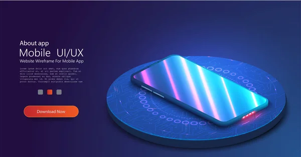 Modèle 3D réaliste d'un téléphone imaginaire avec le reflet néon sur l'écran. Vue en perspective du smartphone sur le podium. La disposition de l'appareil. Présentation du design de l'interface — Image vectorielle