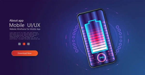 Akıllı telefon pilinin kablosuz şarj edilmesi. Geleceğin konsepti. Telefonun pilini şarj etme ilerlemesi. Mavi üzerinde kablosuz şarj teknolojisi kavramı — Stok Vektör