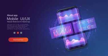 Güvenli online ödeme işlemleri ve akıllı telefonunuzdan banka kartı koruması kavramı. Akıllı telefon ile kablosuz ödemenin korunması. İnternet bankacılığı. Sayfa şablonu Vektör