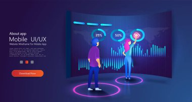 İnsanlar çizelgelerle ve istatistiklerle etkileşime giriyor. Dijital para piyasası, yatırım, finans. Web tasarımı, afiş ve sunum için mükemmel. İzometrik vekto
