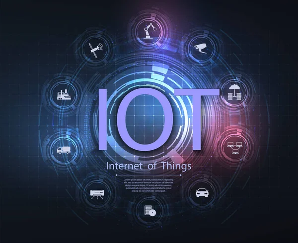 Internet of things IoT and networking concept for connected devices. Spider web of network connections with on a futuristic blue background. Wireless connections of information technology. Vector