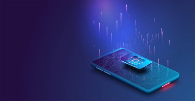 Esim kart çipi işareti. Gömülü Sim konsepti. Yeni mobil iletişim teknolojisi. Mobil küresel internet iletişimi. Gelecekçi projeksiyon sim kartı. Vektör