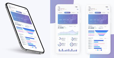 Çevrimiçi Bankacılık Mobil Uygulamaları UI, UX, Cüzdan, alışveriş, Hesabım, Para transferi, fatura ödeme, ürün detayları. Mobil bankacılık arayüzü vektör şablonu. Çevrimiçi ödeme. E-ödeme ekranı