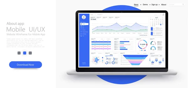 Tableau de bord, grand design pour toutes les fins du site. Modèle d'infographie d'entreprise. Illustration vectorielle plate. Concept Big Data Tableau de bord utilisateur admin panel template design. Tableau de bord d'administration analytique. Plat — Image vectorielle