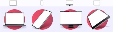 Gerçekçi bir monitör seti, dizüstü bilgisayar, tablet, akıllı telefon, yer değiştirme. Yandan ve üstten. Mokup jenerik cihaz. Bilgi grafikleri ya da sunum şablonu. Vektör
