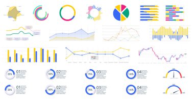 Stok şemaları ve istatistik çubukları, finans raporu için çizgi grafikleri ve grafikleri olan modern bilgi şablonu. Şablon ve grafik grafiği, grafik bilgi görselleştirme vektörü